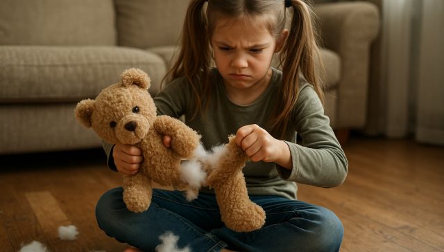 Kind macht Teddybär kaputt
