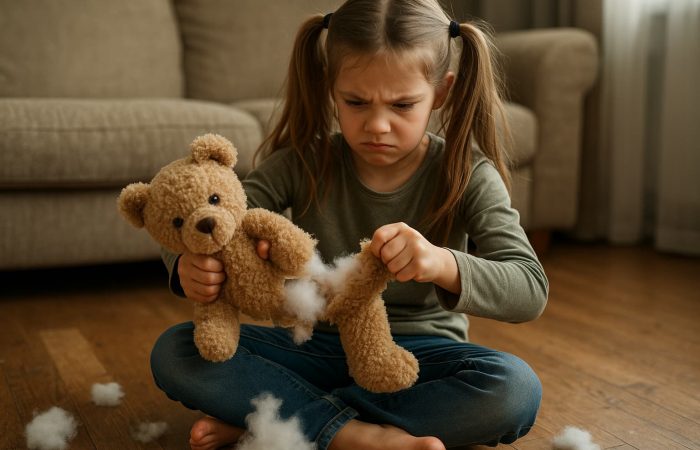 Kind macht Teddybär kaputt
