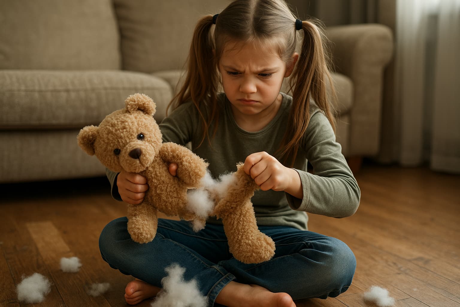 Kind macht Teddybär kaputt
