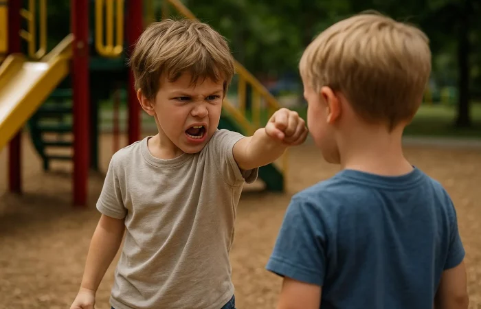 Aggressives Kind auf dem Spielplatz – drohende Geste gegenüber anderem Kind
