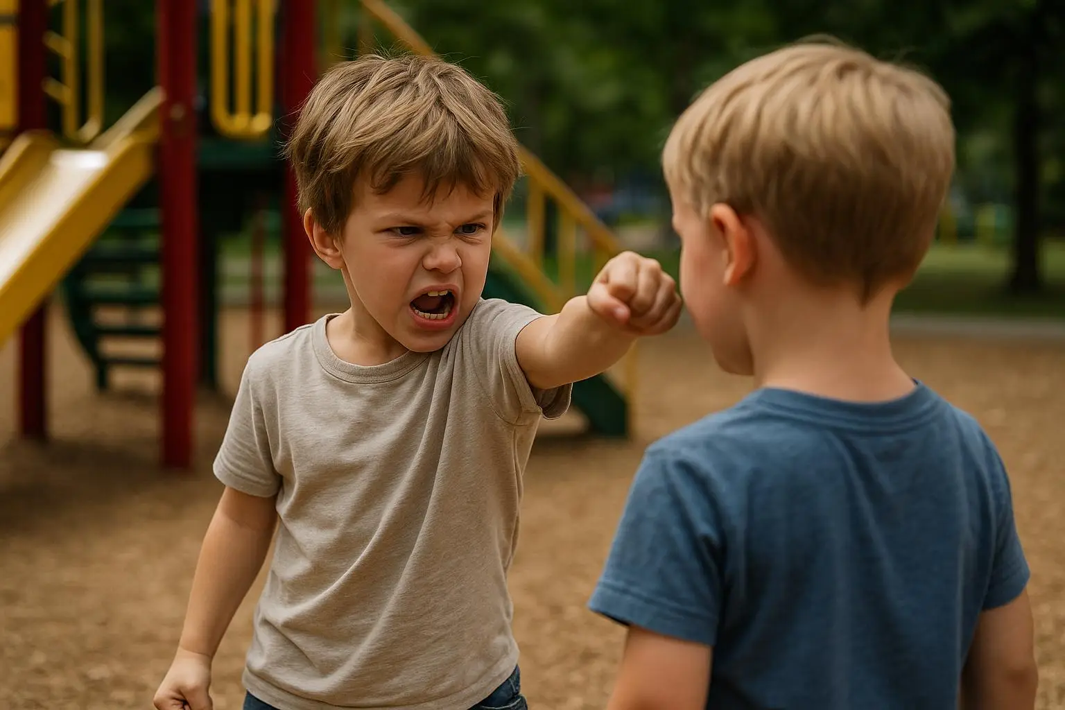 Aggressives Kind auf dem Spielplatz – drohende Geste gegenüber anderem Kind