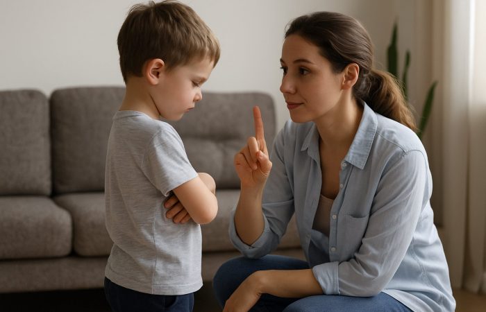 Mutter spricht ruhig mit trotzigem Kind im Wohnzimmer – gelassene Elternreaktion bei Trotzphase