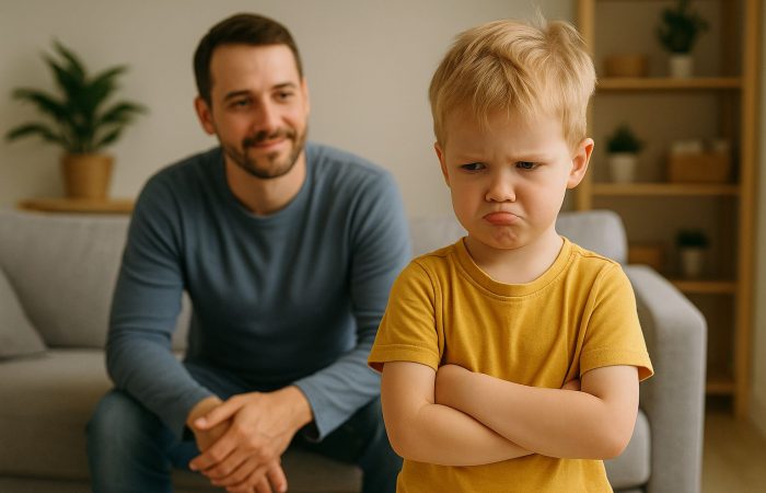Vater bleibt ruhig, während sein kleiner Sohn trotzig mit verschränkten Armen im Wohnzimmer steht