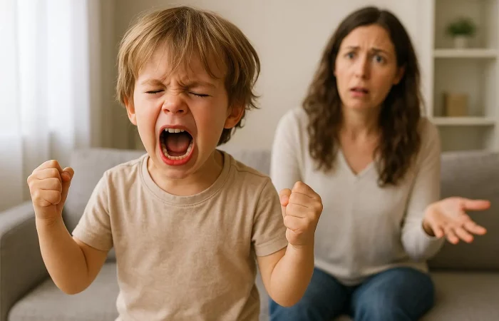 Wütendes Kind schreit mit geballten Fäusten – im Hintergrund ratlose Mutter
