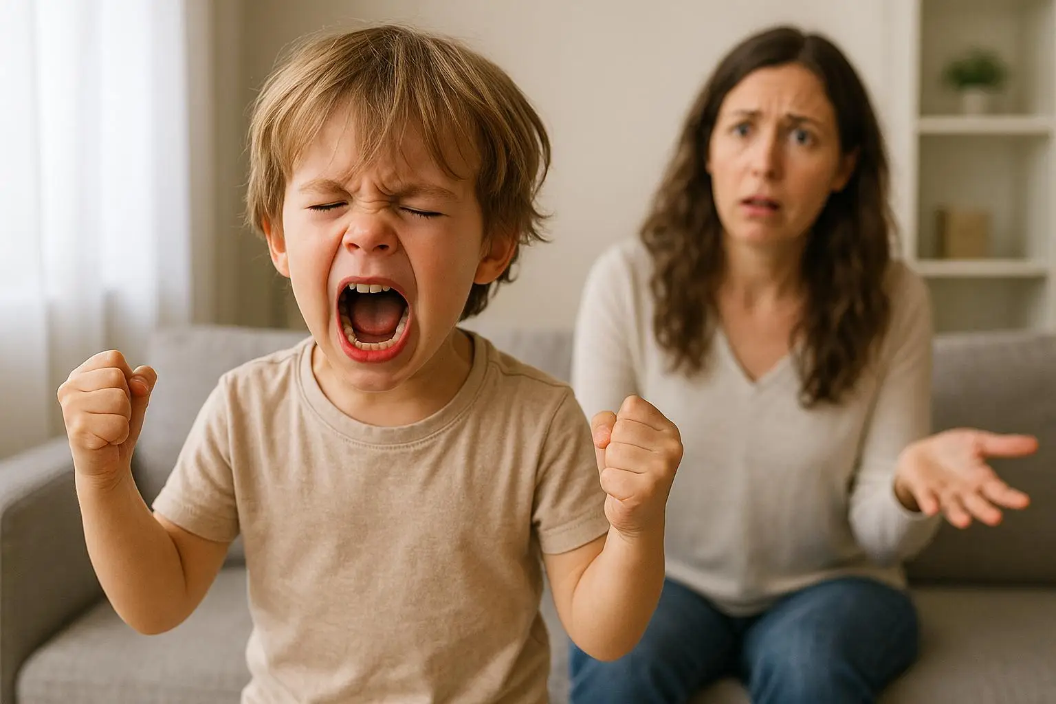 Wütendes Kind schreit mit geballten Fäusten – im Hintergrund ratlose Mutter