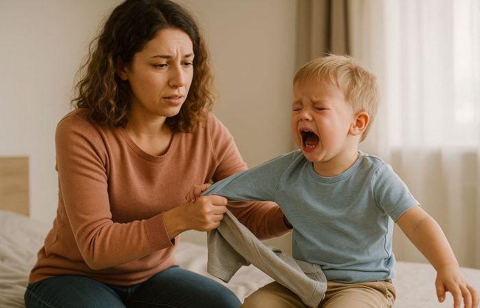 Mutter mit lockigen Haaren versucht, ihr schreiendes Kind morgens anzuziehen