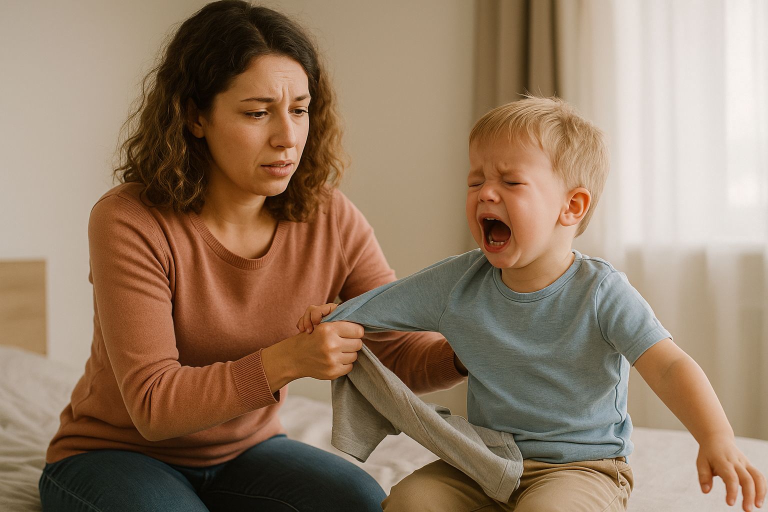 Mutter mit lockigen Haaren versucht, ihr schreiendes Kind morgens anzuziehen