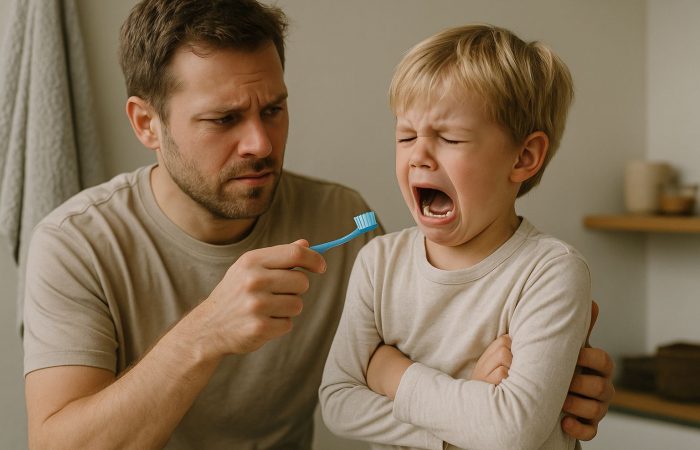 ater versucht, seinem Kind die Zähne zu putzen, das weint und sich weigert