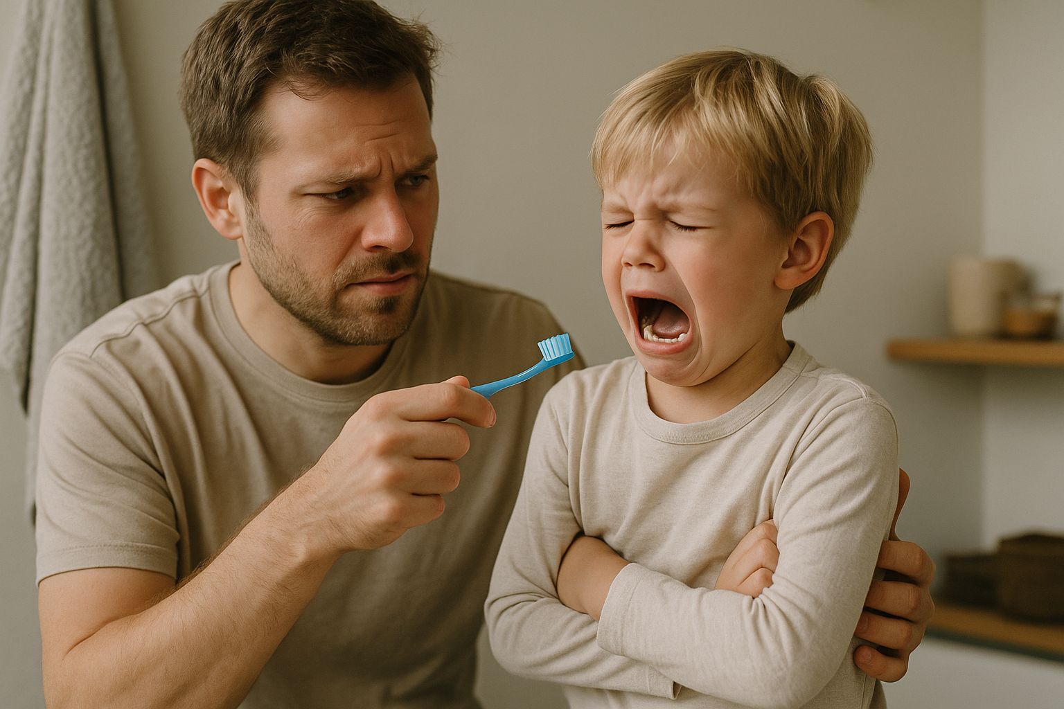 ater versucht, seinem Kind die Zähne zu putzen, das weint und sich weigert